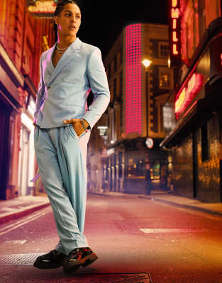 ASOS DESIGN skinny belted cropped suit jacket in crinkle in blue - ASOS Price Checker