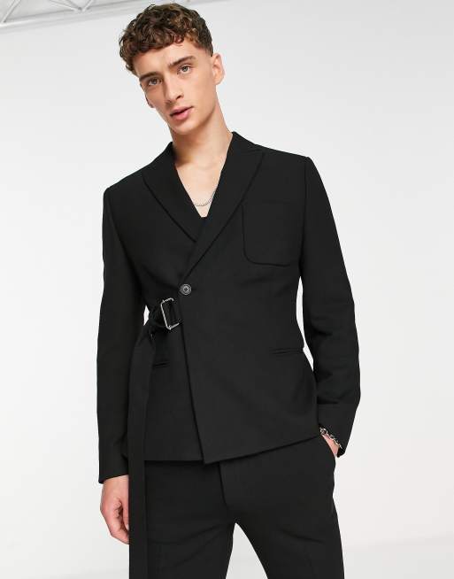 ASOS DESIGN skinny belted suit jacket in black