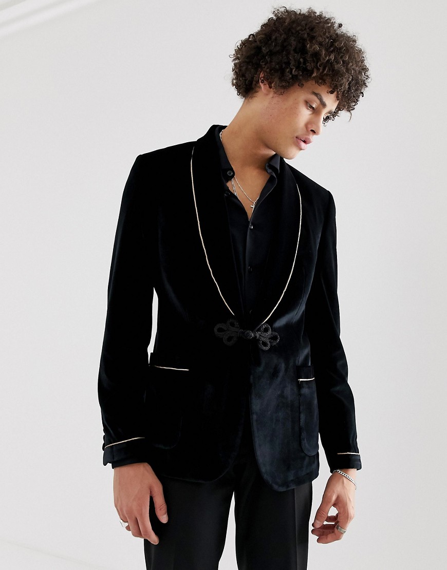 ASOS DESIGN skinny blazer in black velvet with frogging