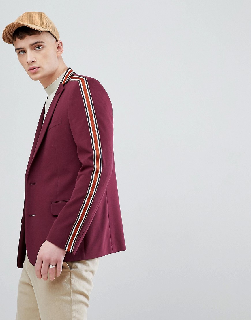 Asos Design Skinny Blazer In Burgundy With Taping-red