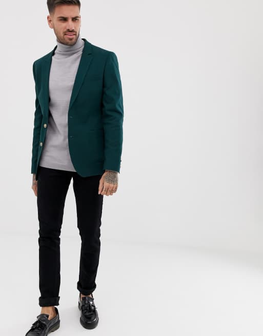 ASOS DESIGN skinny blazer in dark green with gold buttons | ASOS