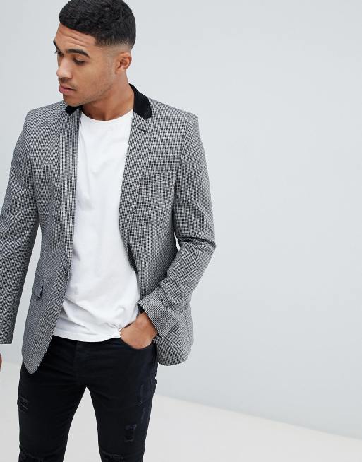 ASOS DESIGN skinny blazer in grey mini check with velvet collar | ASOS