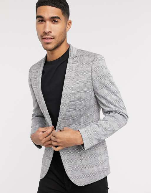 ASOS DESIGN skinny blazer in grey prince of wales check jersey ASOS