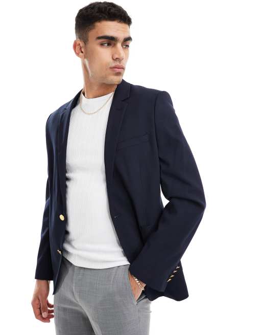 FhyzicsShops DESIGN - Skinny blazer met gouden knopen in marineblauw