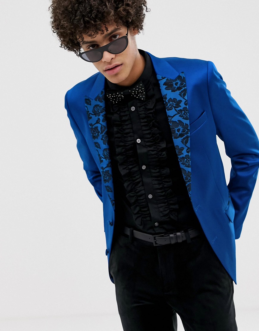 ASOS DESIGN - Skinny blazer met jacquard inkeping in blauw satijn