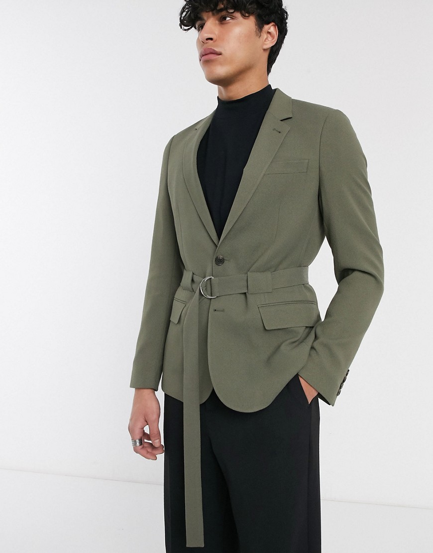 ASOS DESIGN - Skinny blazer met riem in kaki-Groen