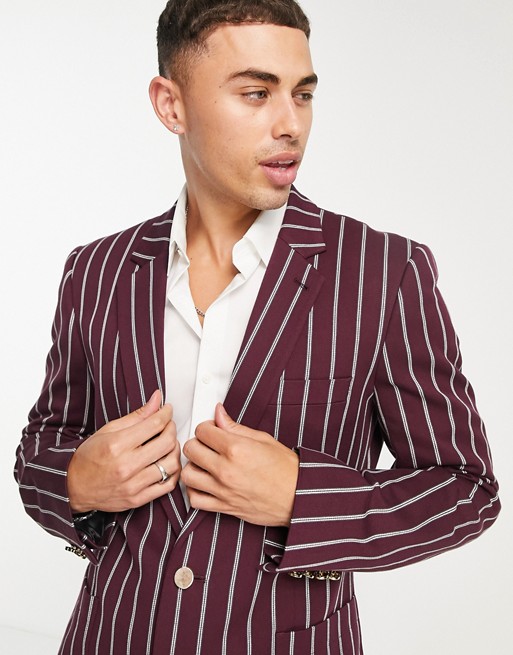 ASOS DESIGN skinny blazer with wide stripe and gold button in burgundy