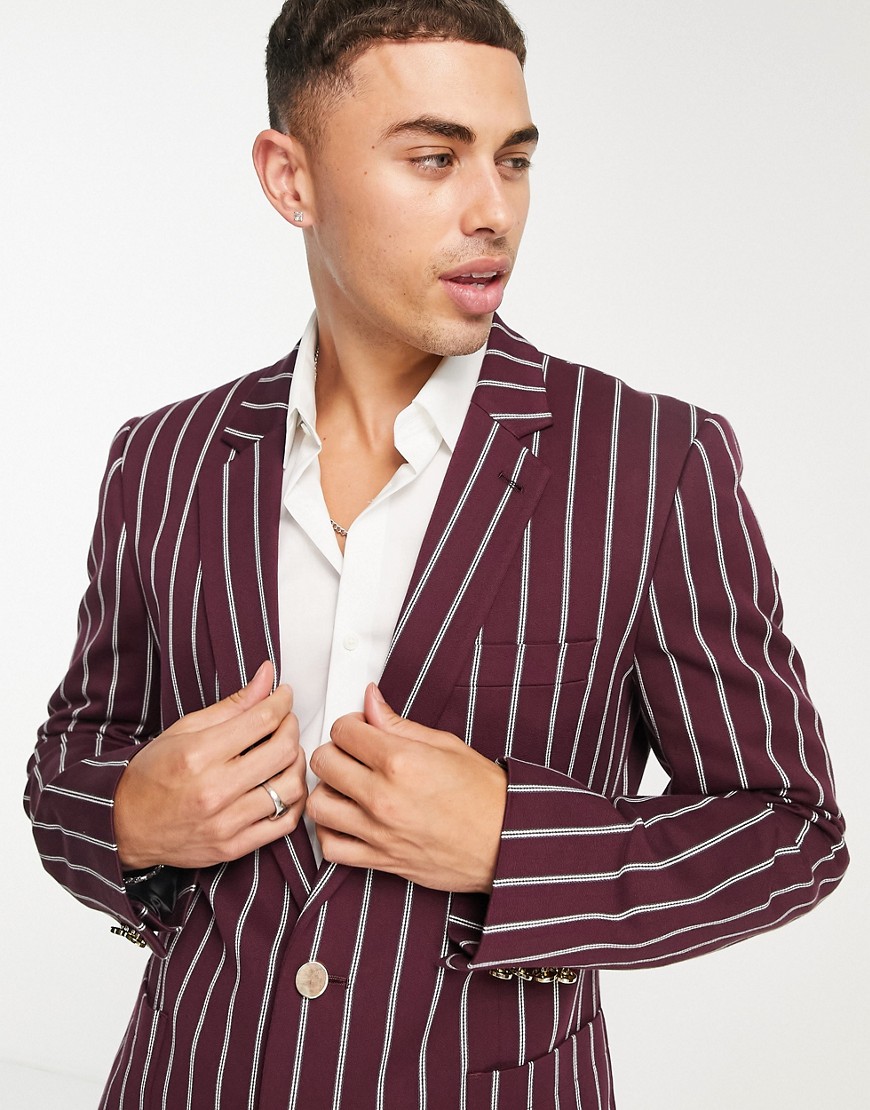 ASOS DESIGN skinny blazer with wide stripes and gold button in burgundy-Red