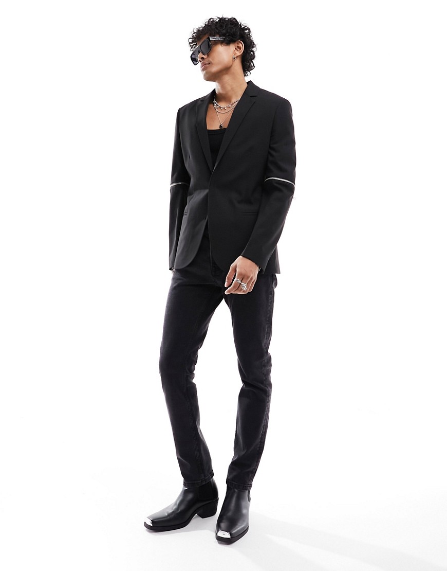 Asos Design Skinny Blazer With Zip Sleeves In Black