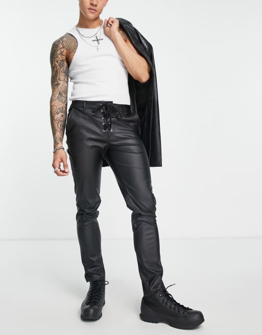 ASOS DESIGN - Skinny broek met leerlook en gestrikte taille in zwart 