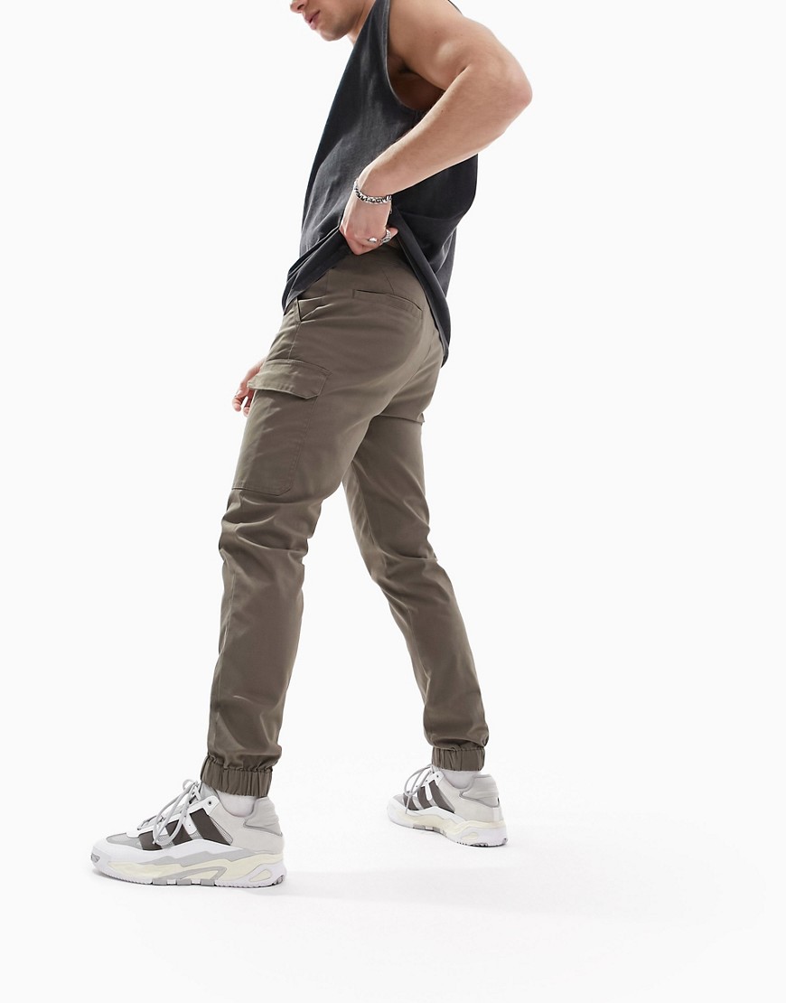 Asos Design Skinny Cargo Cuffed Pants In Khaki-green