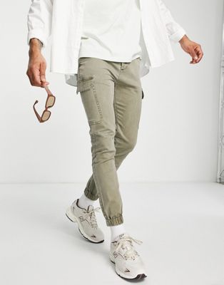 ASOS DESIGN skinny cargo cuffed trousers in washed khaki