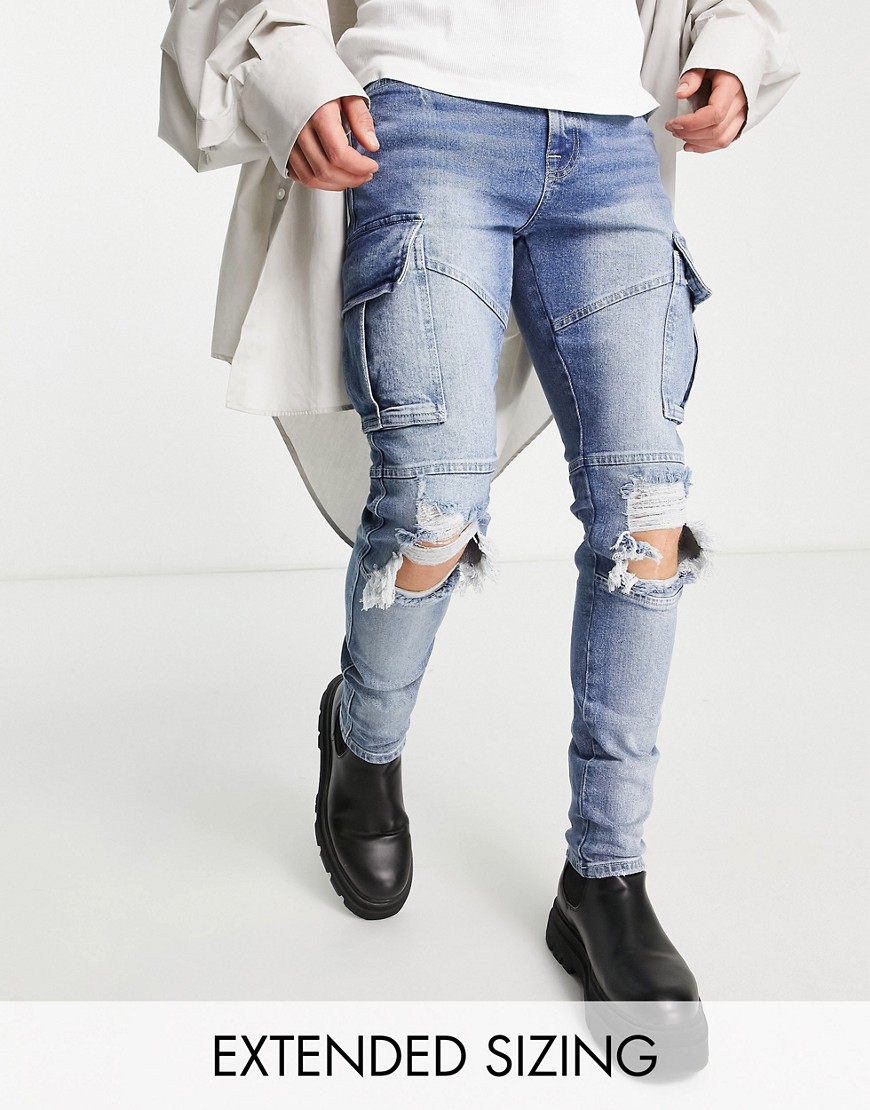 ASOS DESIGN skinny cargo jeans in mid wash with rips and moto detail-Blue