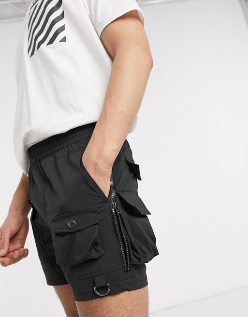 ASOS DESIGN  skinny cargo shorts with zip details in black