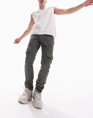 ASOS DESIGN skinny cargo trousers in khaki stretch cord - ASOS Price Checker