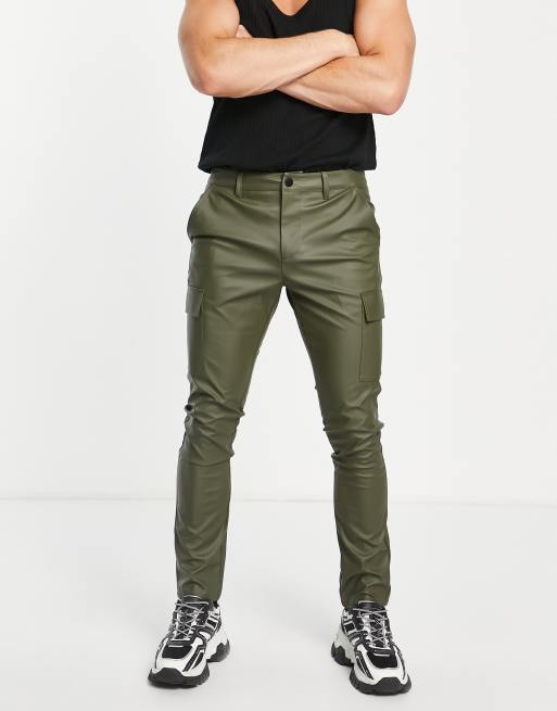 ASOS DESIGN - Skinny cargobroek met leerlook in kaki - KHAKI