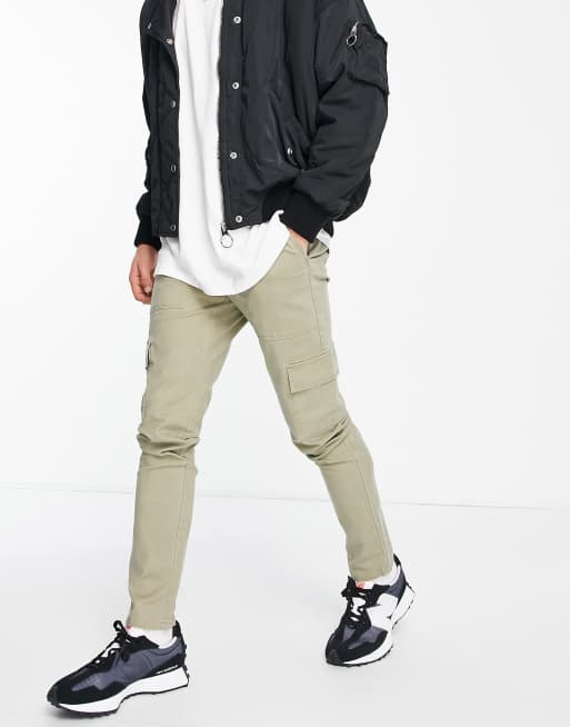 ASOS DESIGN - Skinny cargobroek met opgestikte zakken in lichtkaki
