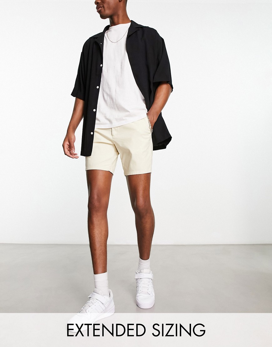 Asos Design Skinny Chino Shorts In Mid Length In Beige-neutral