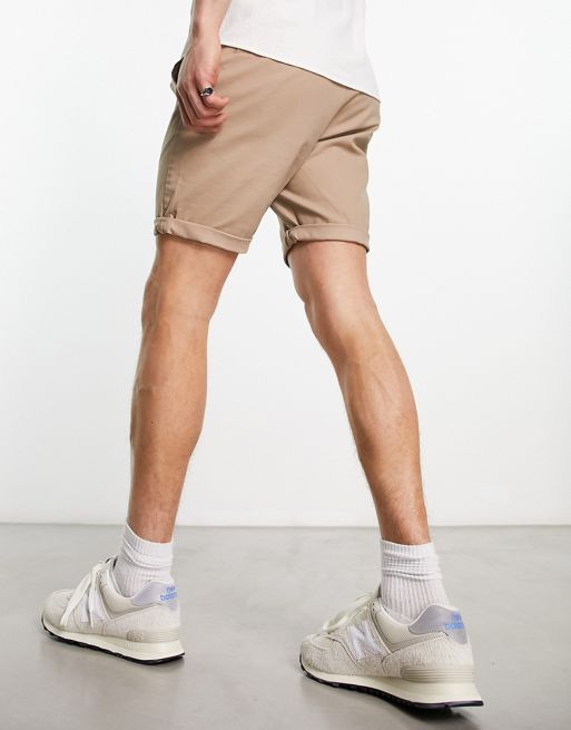 ASOS DESIGN 2 pack slim chino shorts in mid length in stone & navy save
