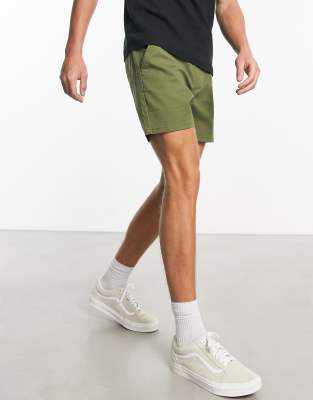 Shop Asos Design Skinny Chino Shorts In Shorter Length In Khaki-green