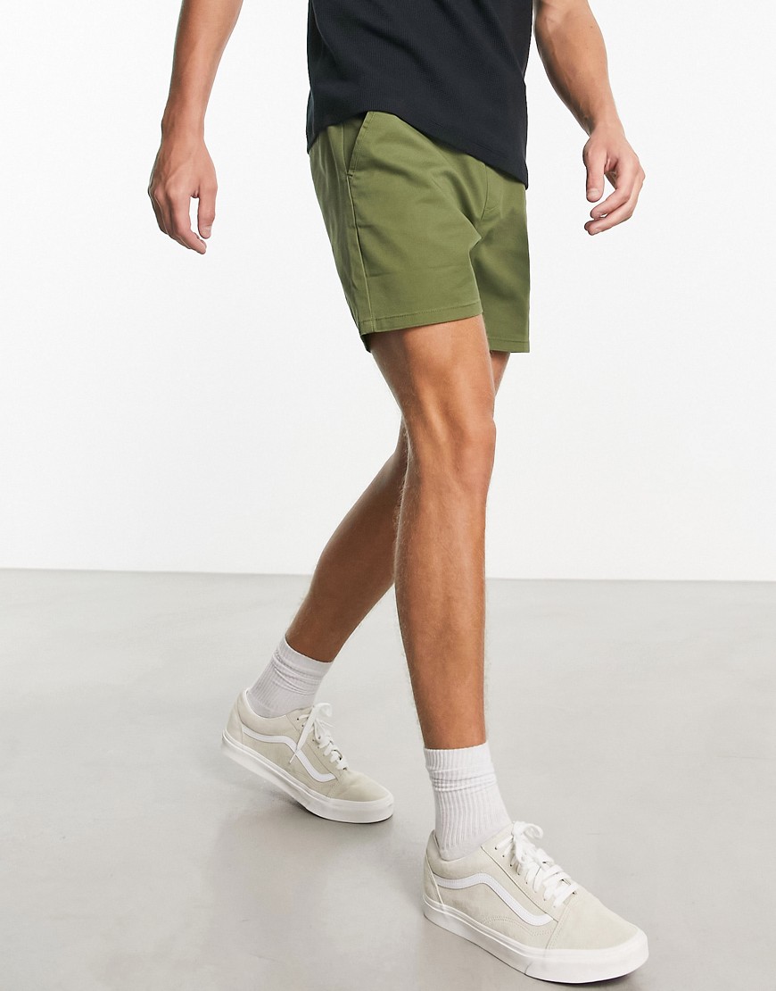 ASOS DESIGN skinny chino shorts in shorter length in khaki-Green