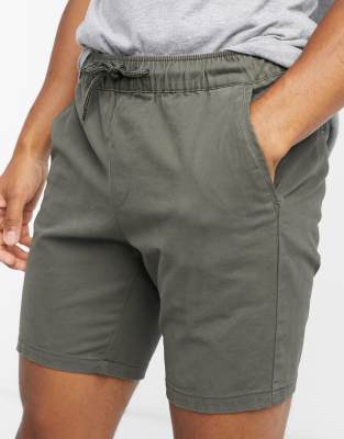 ASOS DESIGN SKINNY CHINO SHORTS WITH ELASTIC WAIST IN KHAKI-GREEN,RICKY SK 18