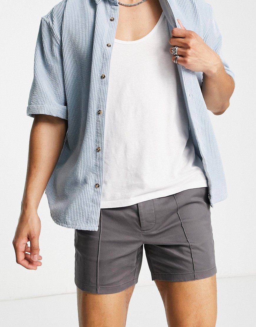 Asos Design Skinny Chino Shorts With Pin Tuck In Charcoal-Grey