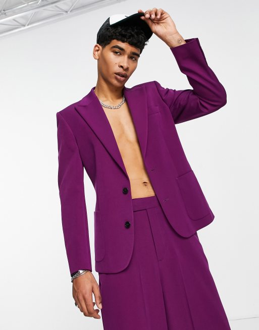 ASOS DESIGN - Skinny colbert met jaren 70-stijl reverskraag in aubergine 
