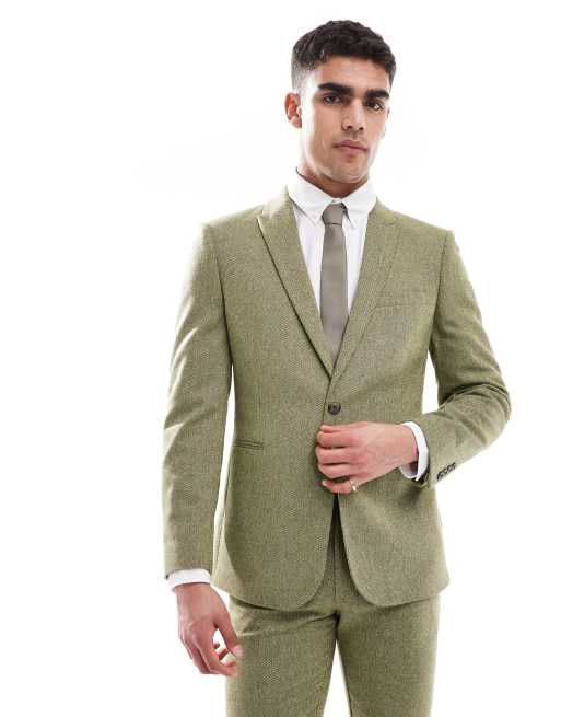 ASOS DESIGN - Skinny colbert van wolmix met mandensteektextuur in olijfgroen
