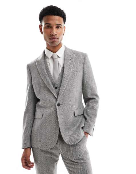 ASOS DESIGN - Skinny colbert van wolmix met visgraatmotief in grijs - view 1