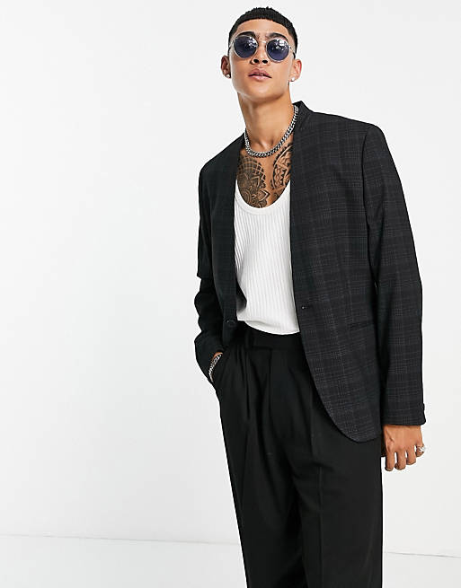 ASOS DESIGN skinny collarless blazer in black crosshatch check | ASOS