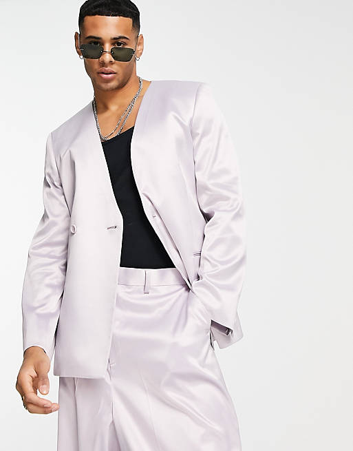 ASOS DESIGN skinny collarless longline satin suit jacket in lilac