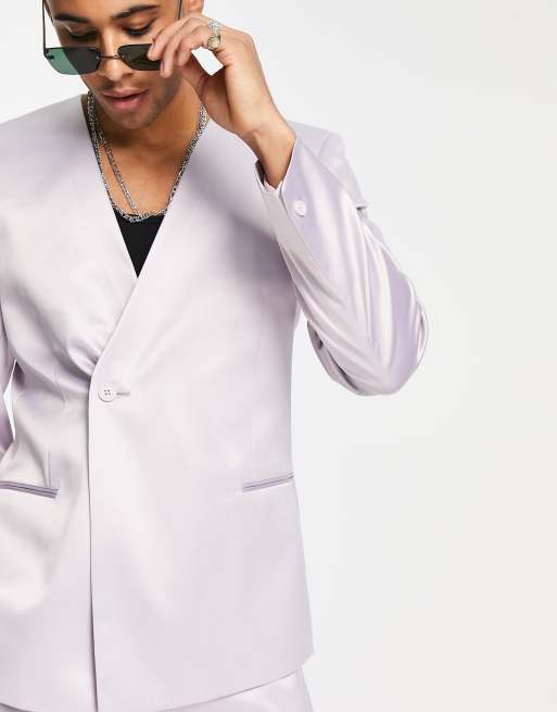 ASOS DESIGN skinny collarless longline satin suit jacket in lilac