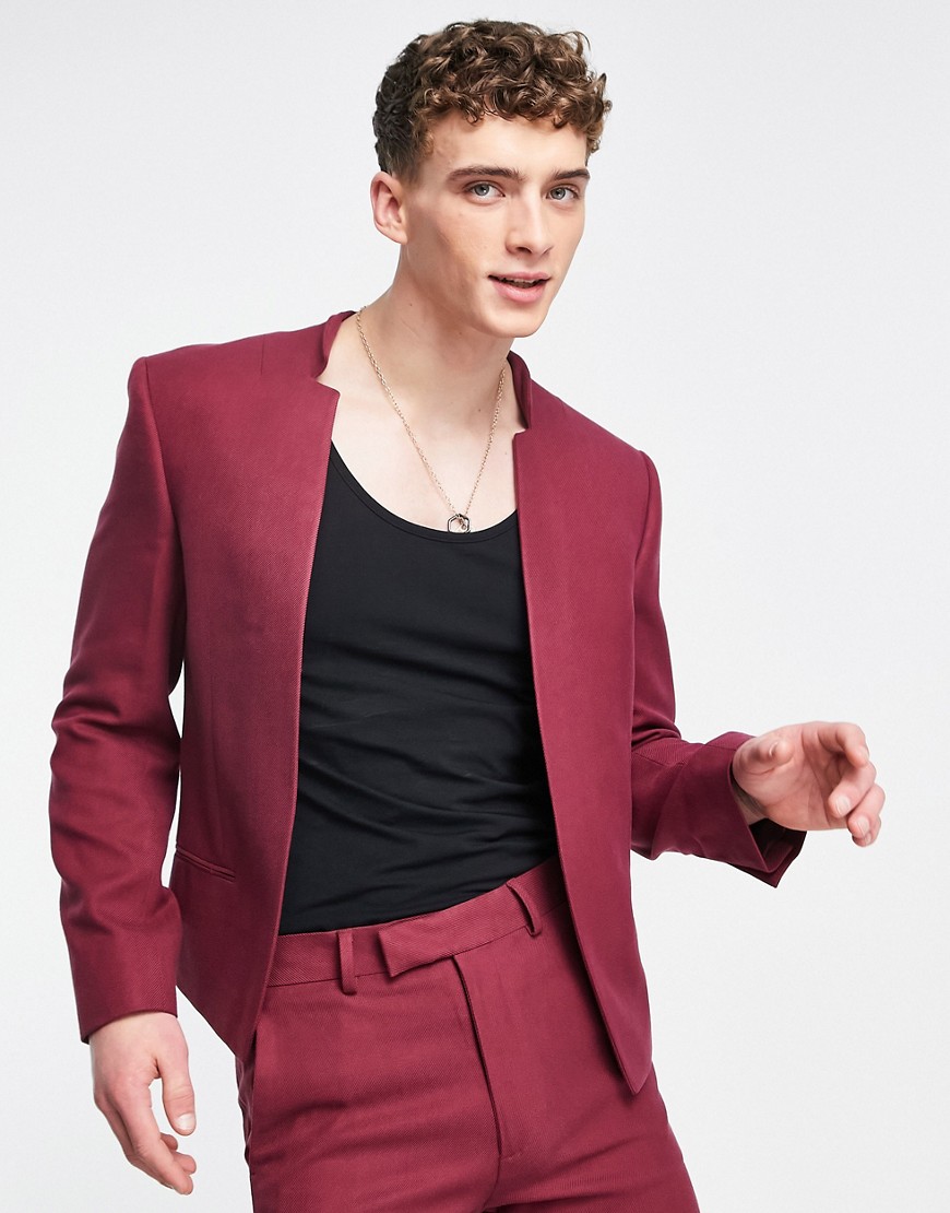 ASOS DESIGN skinny collarless notch neck suit jacket in burgundy-Red
