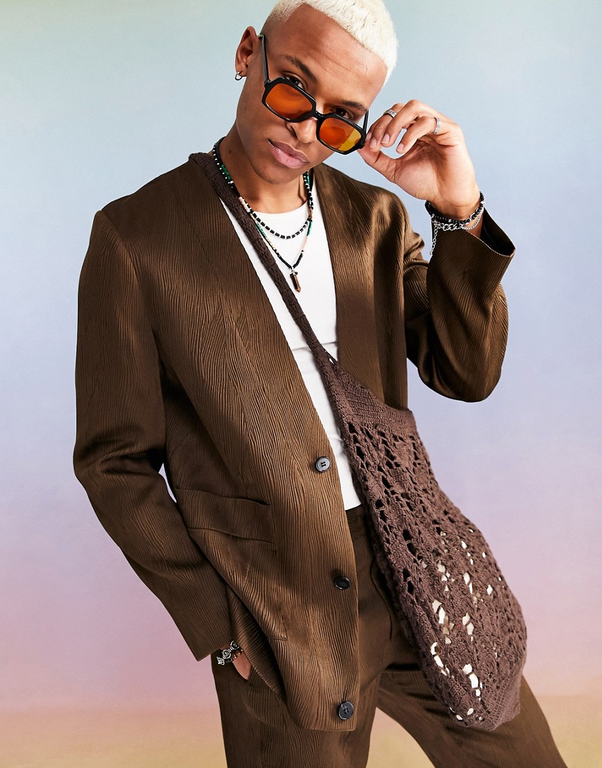 ASOS DESIGN skinny collarless suit jacket in brown irregular crinkle