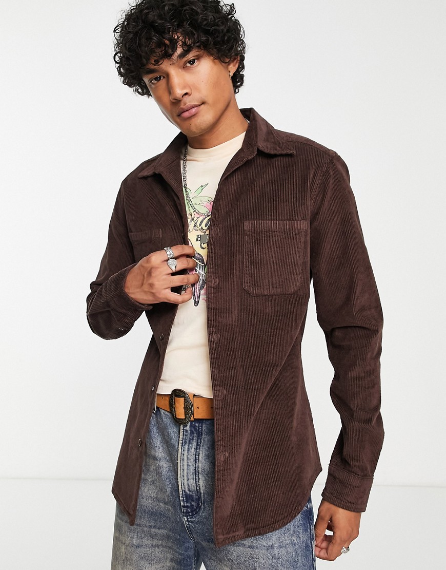ASOS DESIGN skinny cord shirt with 70s collar in brown
