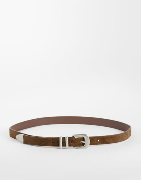 ASOS DESIGN skinny cowhide hair belt with curve buckle and metal tip in brown - view 1
