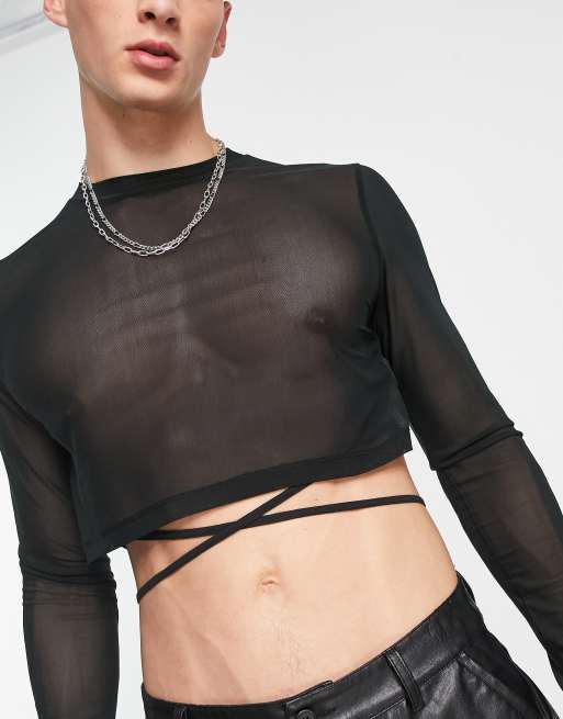 ASOS DESIGN skinny crop long sleeve T-shirt in black mesh with