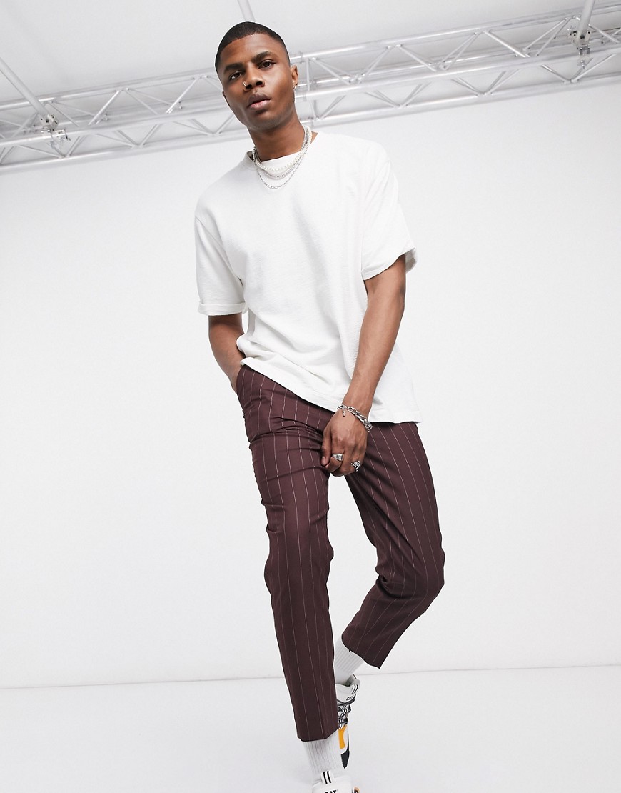 ASOS DESIGN skinny crop smart pants in burgundy stripe-Red