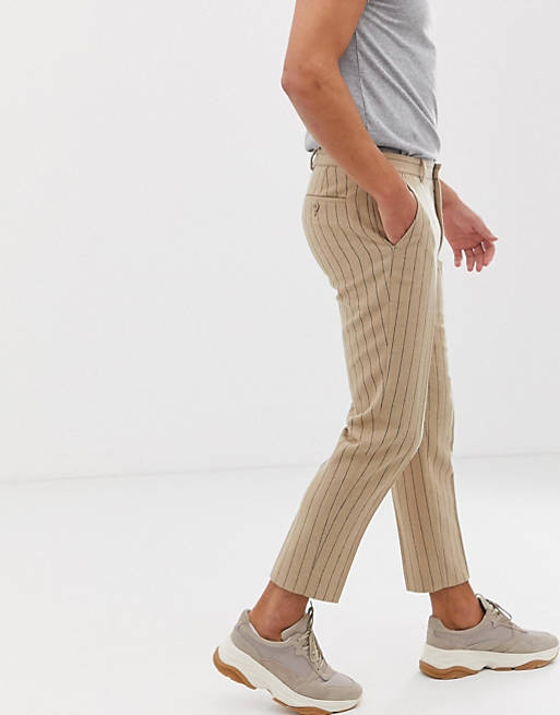 ASOS DESIGN skinny crop smart trouser in stone pinstripe wool mix | ASOS