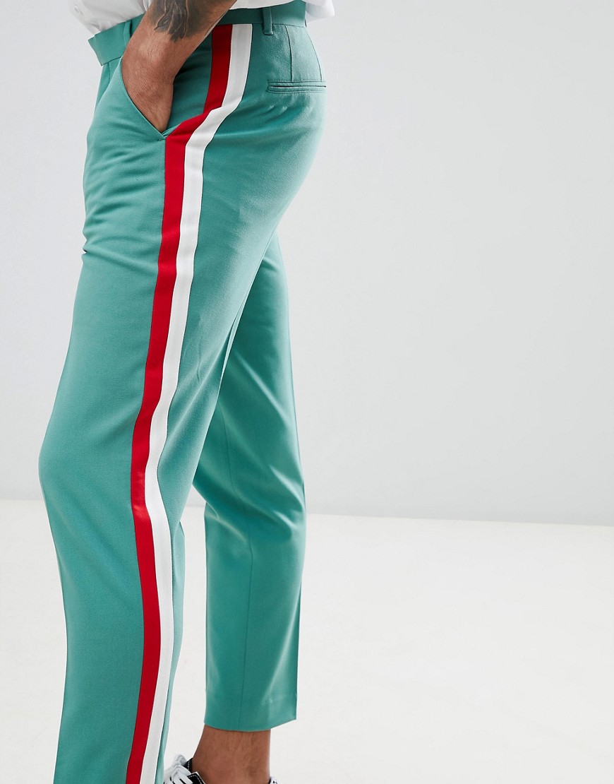 ASOS DESIGN skinny crop smart trousers in green with red & white side stripe