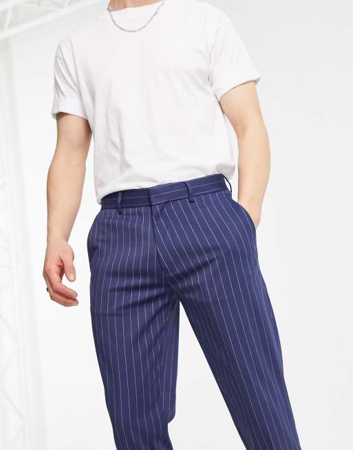 ASOS DESIGN skinny crop smart trousers in navy and stone pinstripe, 3 of 4