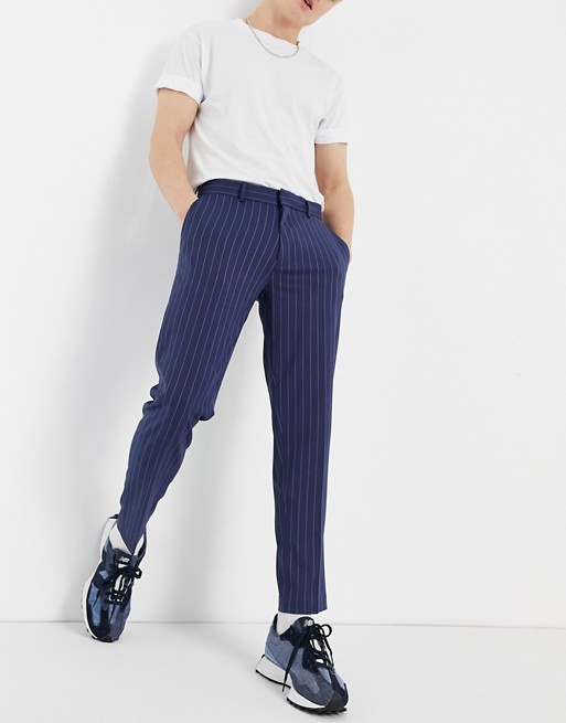 ASOS DESIGN skinny crop smart trousers in navy and stone pinstripe