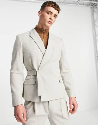 Double Breasted Skinny Belt Suit Jacket