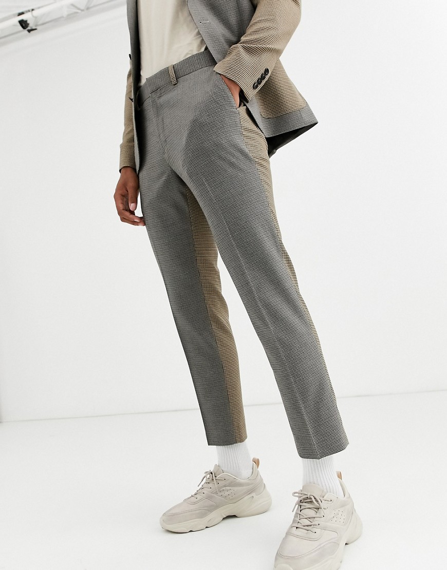 ASOS DESIGN skinny crop suit trousers in contrast micro check-Beige