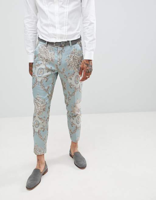 ASOS DESIGN skinny suit in duck egg jacquard with sequined parrot | ASOS