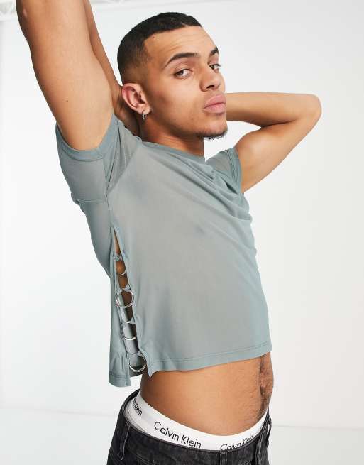 Lagring Meander smag ASOS DESIGN skinny crop t-shirt in gray mesh with hardware cut outs | ASOS