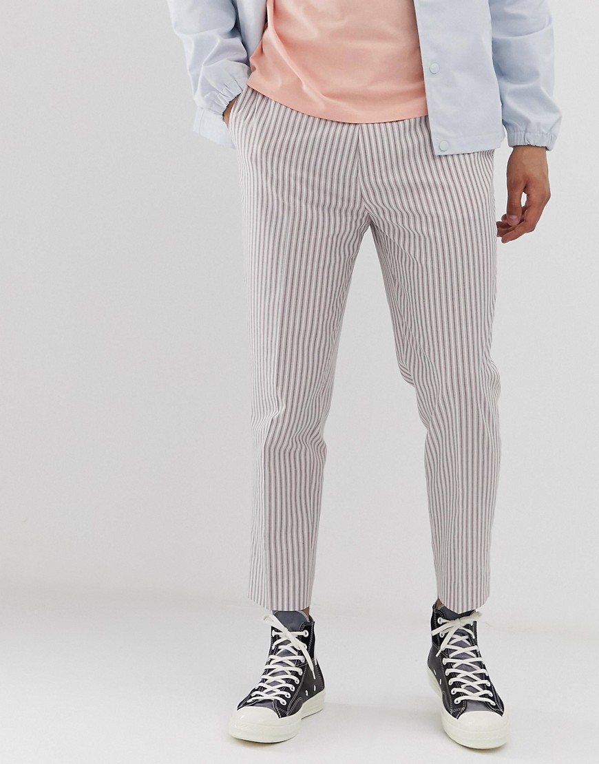 ASOS DESIGN skinny crop trousers in white linen with stripe