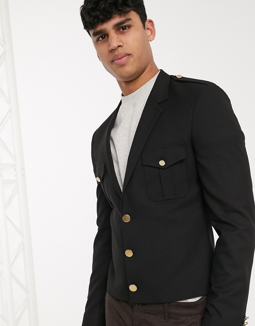 ASOS DESIGN - Skinny cropped blazer met gouden knopen-Zwart