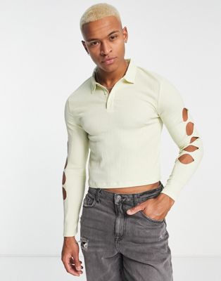 Asos Design Skinny Cropped Long Sleeve Polo T-shirt In Green Texture With Sleeve Cut Outs